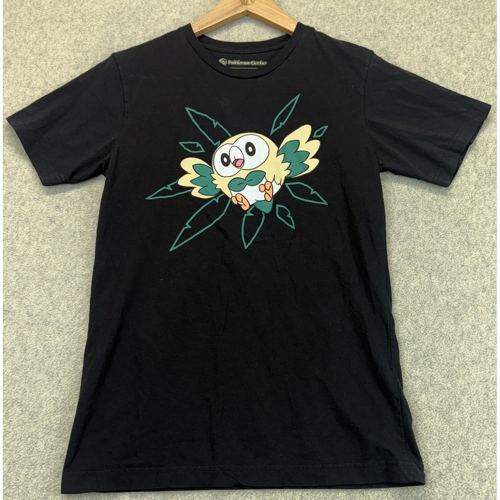Pokémon Center Mens Rowlet T-Shirt Black Short Sleeve Crew Neck Graphic Cotton S